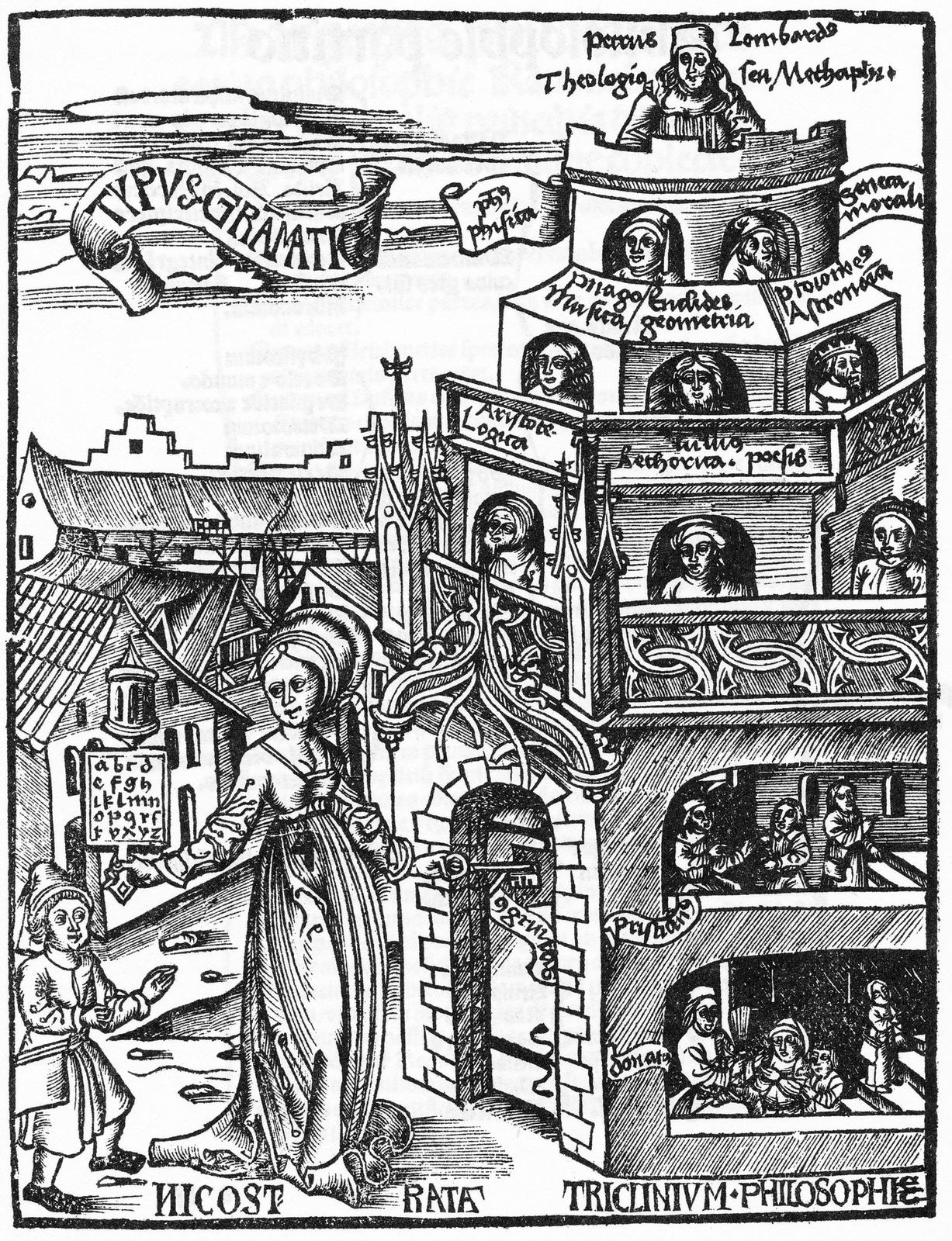 A woodcut of Grammar leading a child to a tower of learning, one subject on each floor