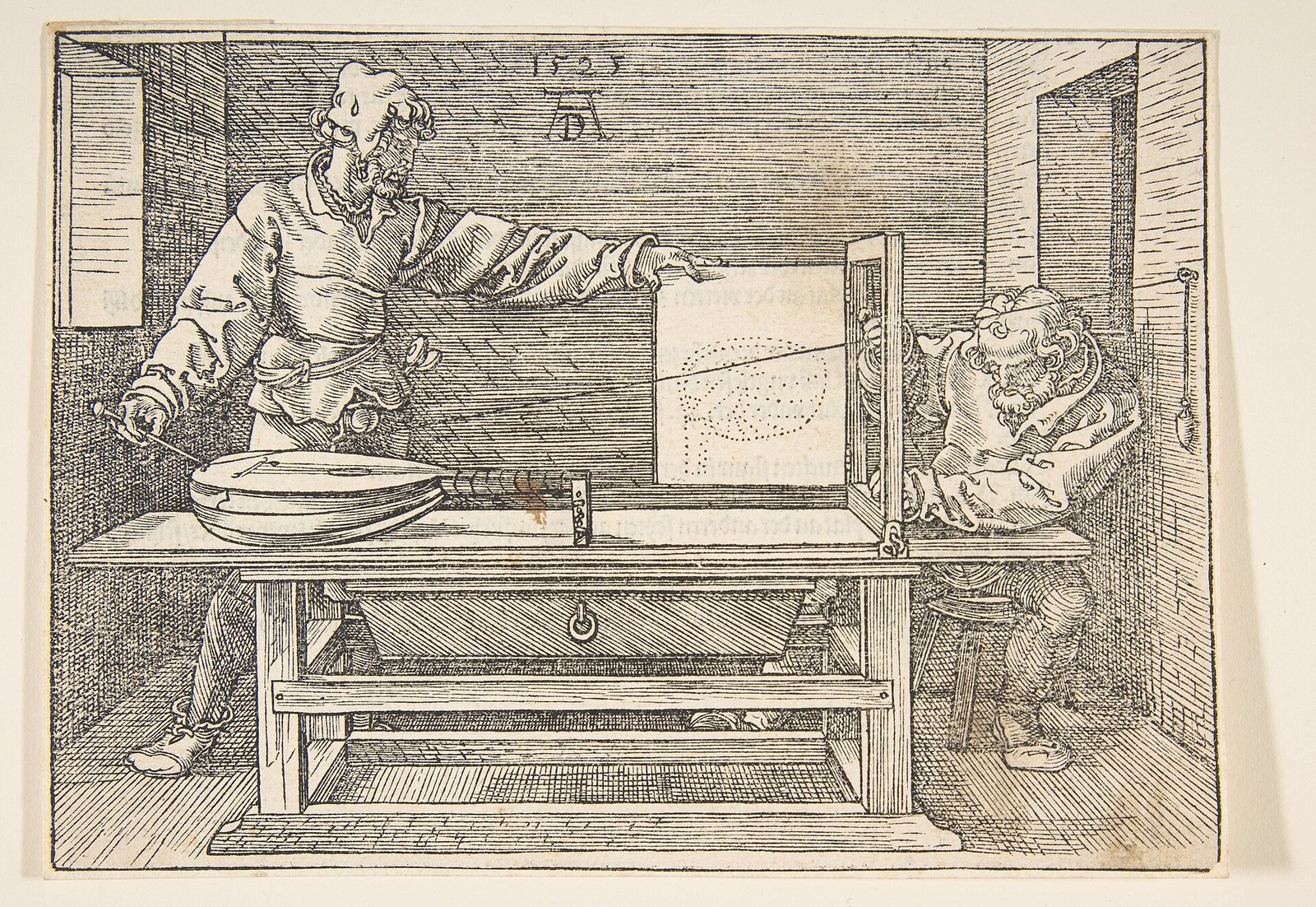 Two men carefully plotting the outline of a lute, point by point, with a string and a frame