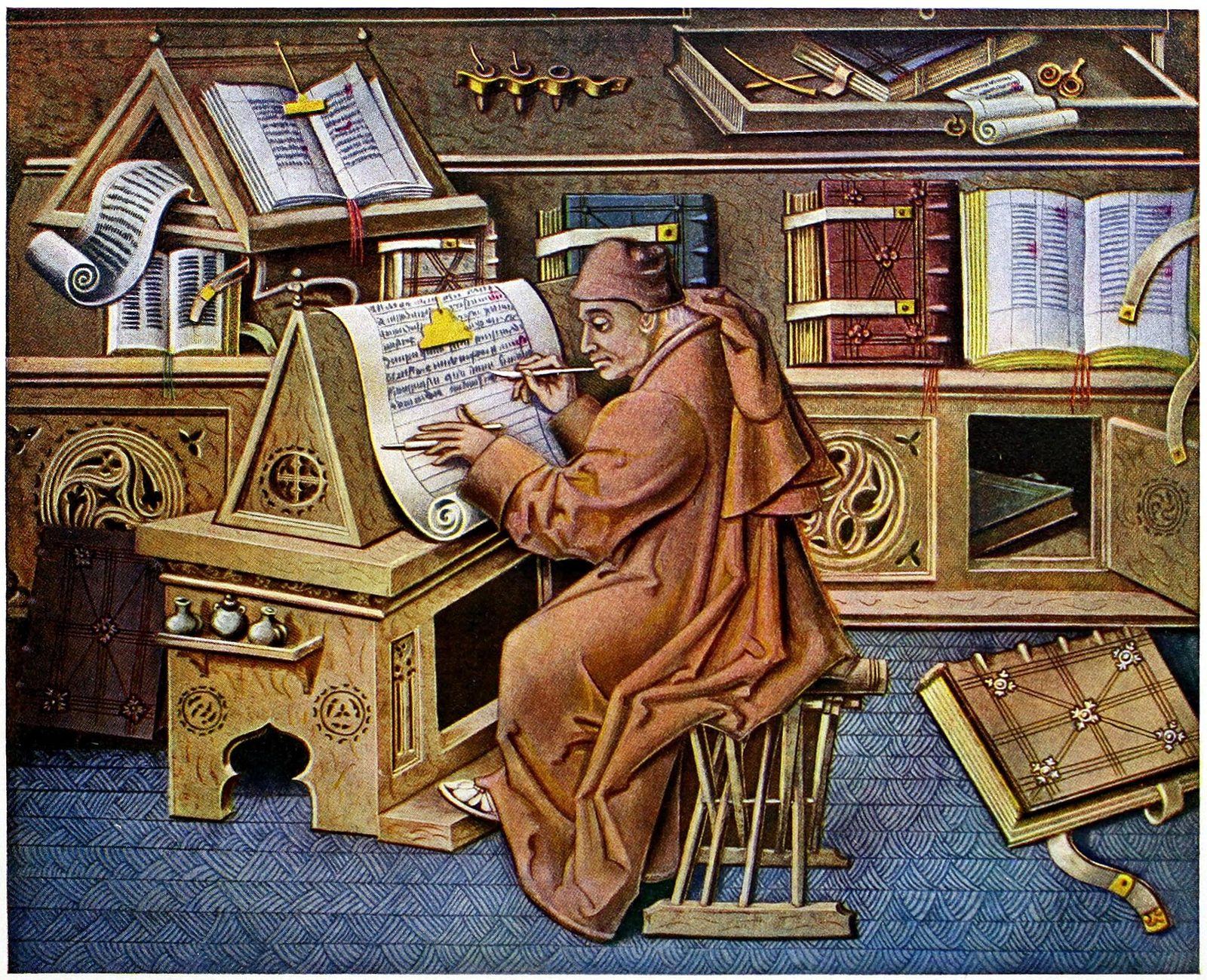 A scribe writing at his desk, surrounded by open books