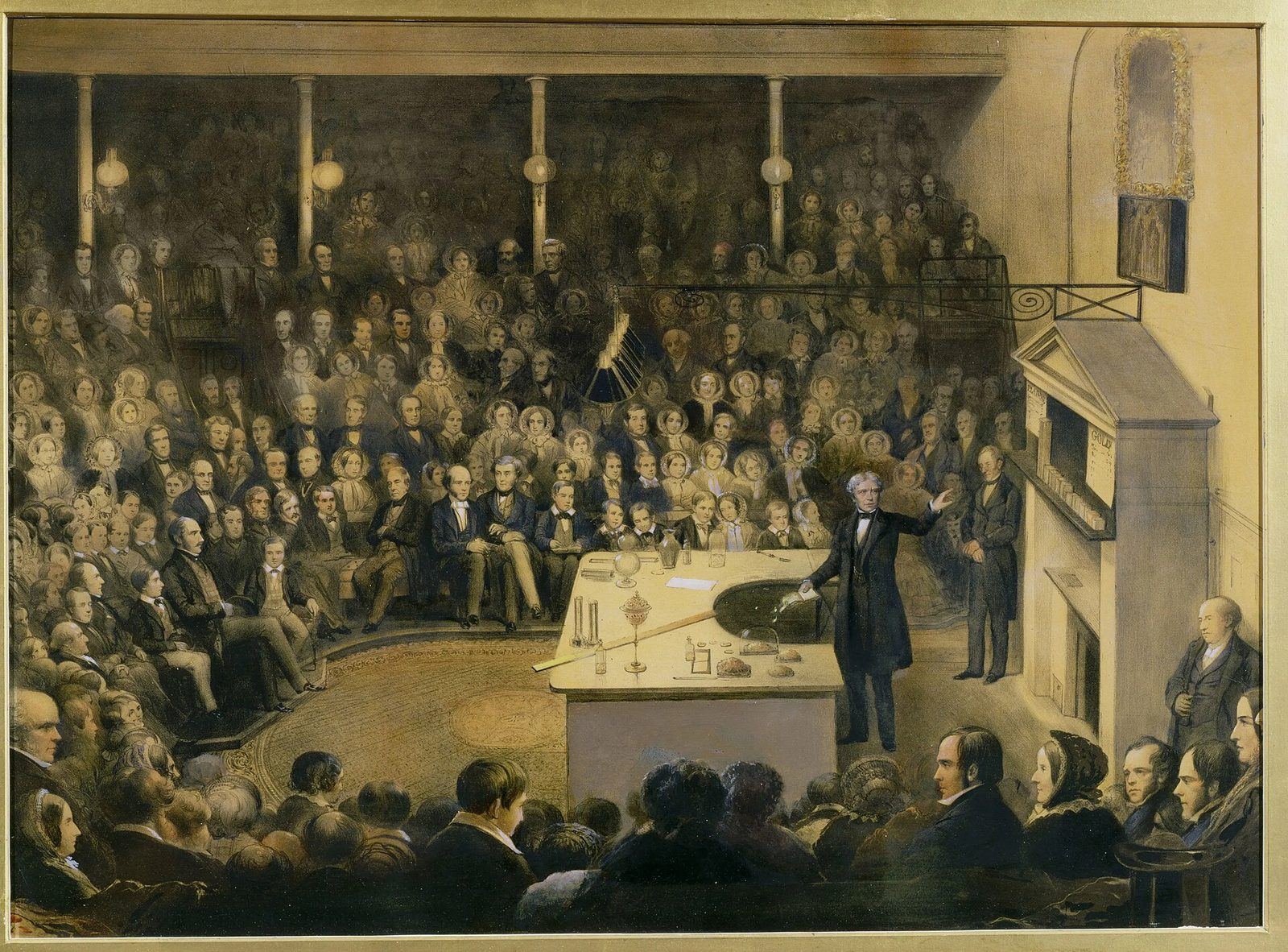 Michael Faraday lecturing to a packed audience at the Royal Institution