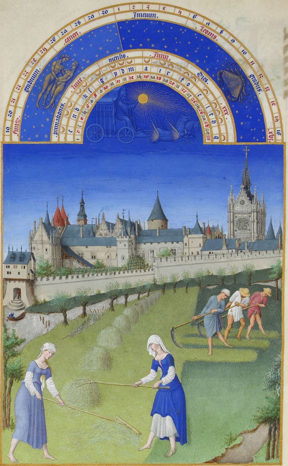 June: haymakers in a meadow below a palace, under an arch showing the zodiac