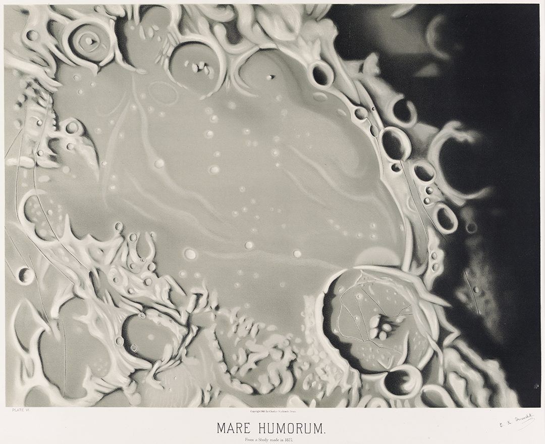 A drawing of the craters and plains of Mare Humorum on the Moon