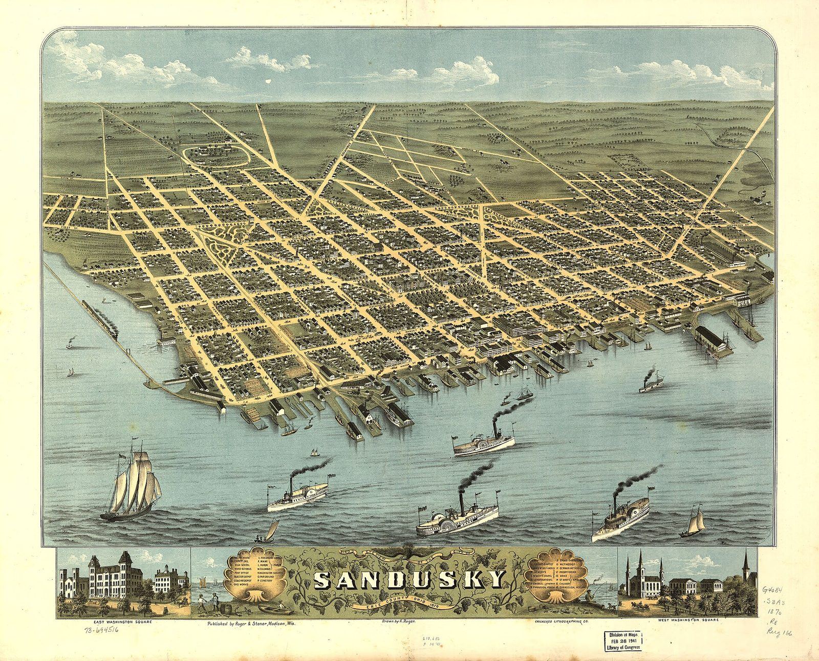 A bird's-eye view of Sandusky, Ohio, its street grid running down to the lake