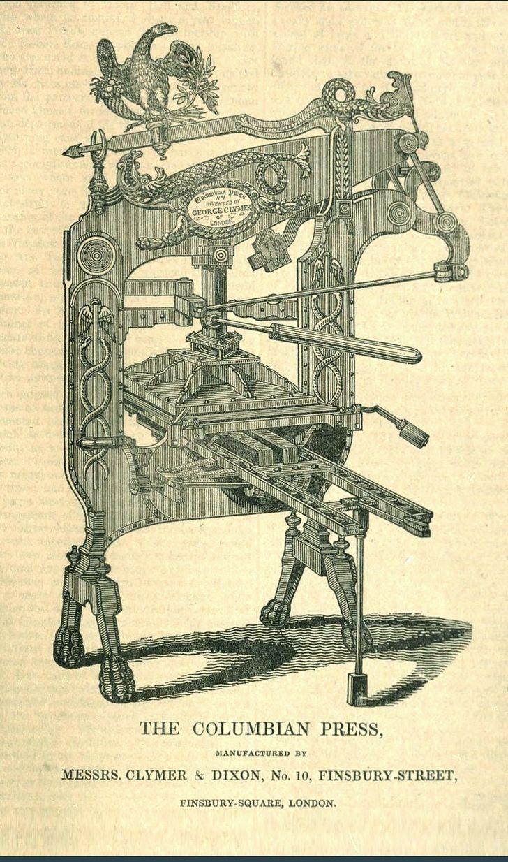 An engraving of the Columbian iron printing press