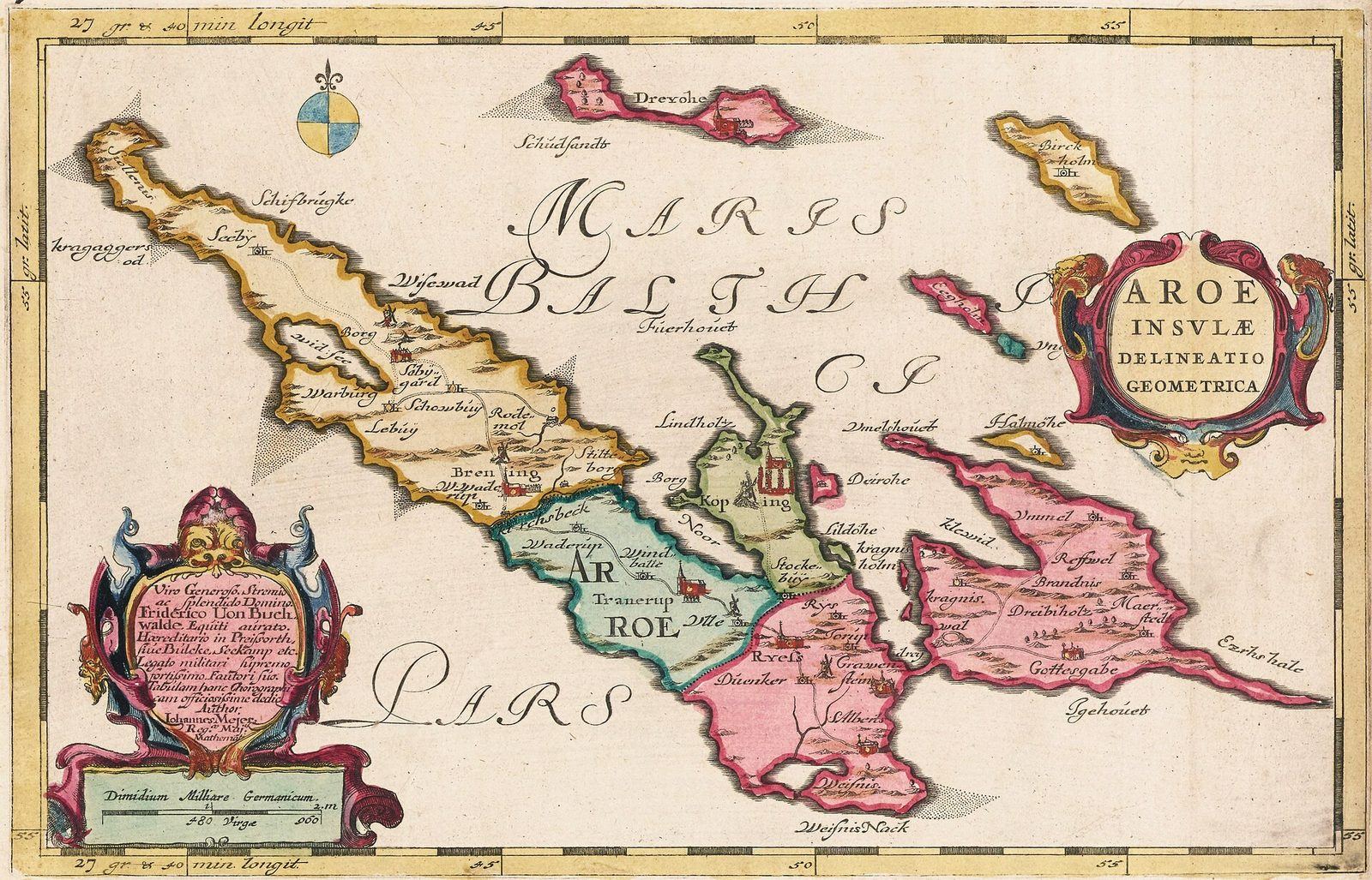 A hand-coloured map of the Danish island of Ærø in the Baltic Sea